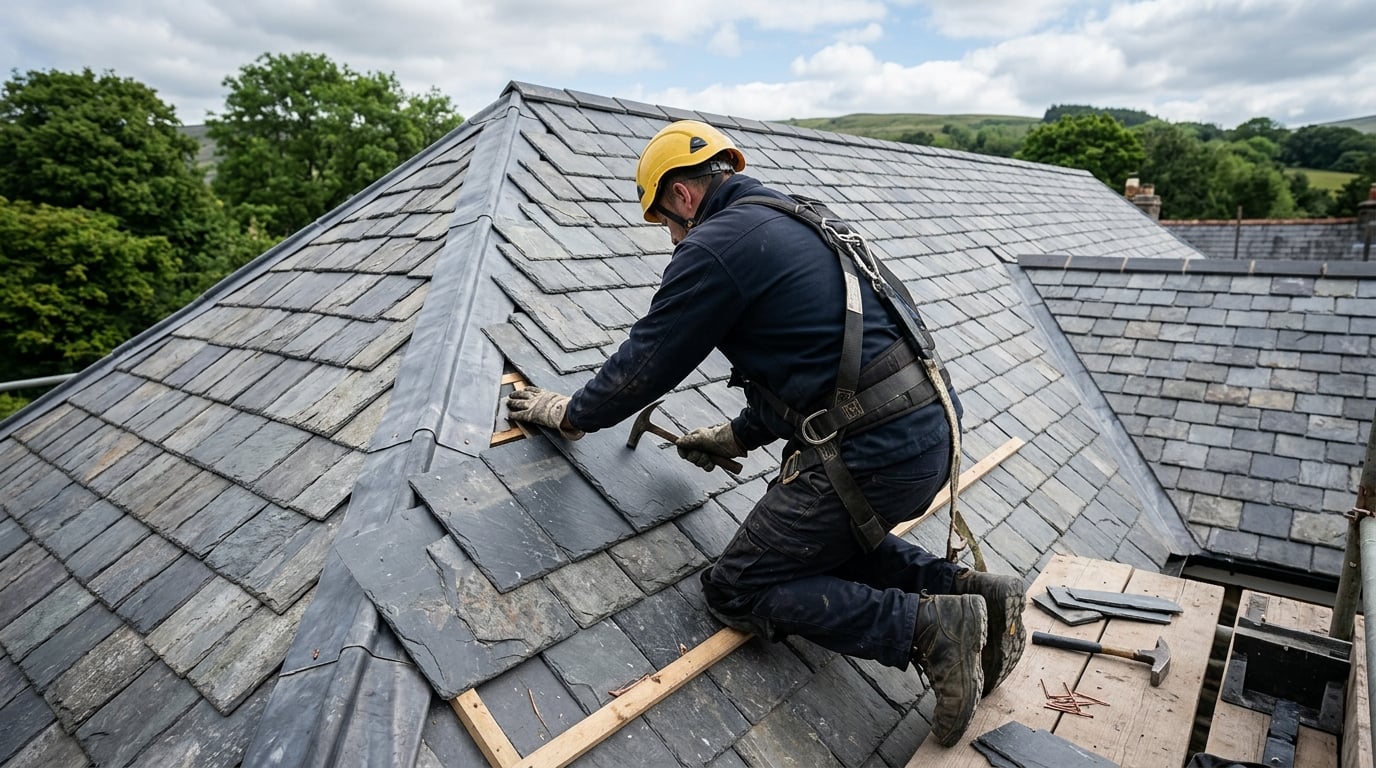 Roofer working on a traditional slate roof in Edinburgh