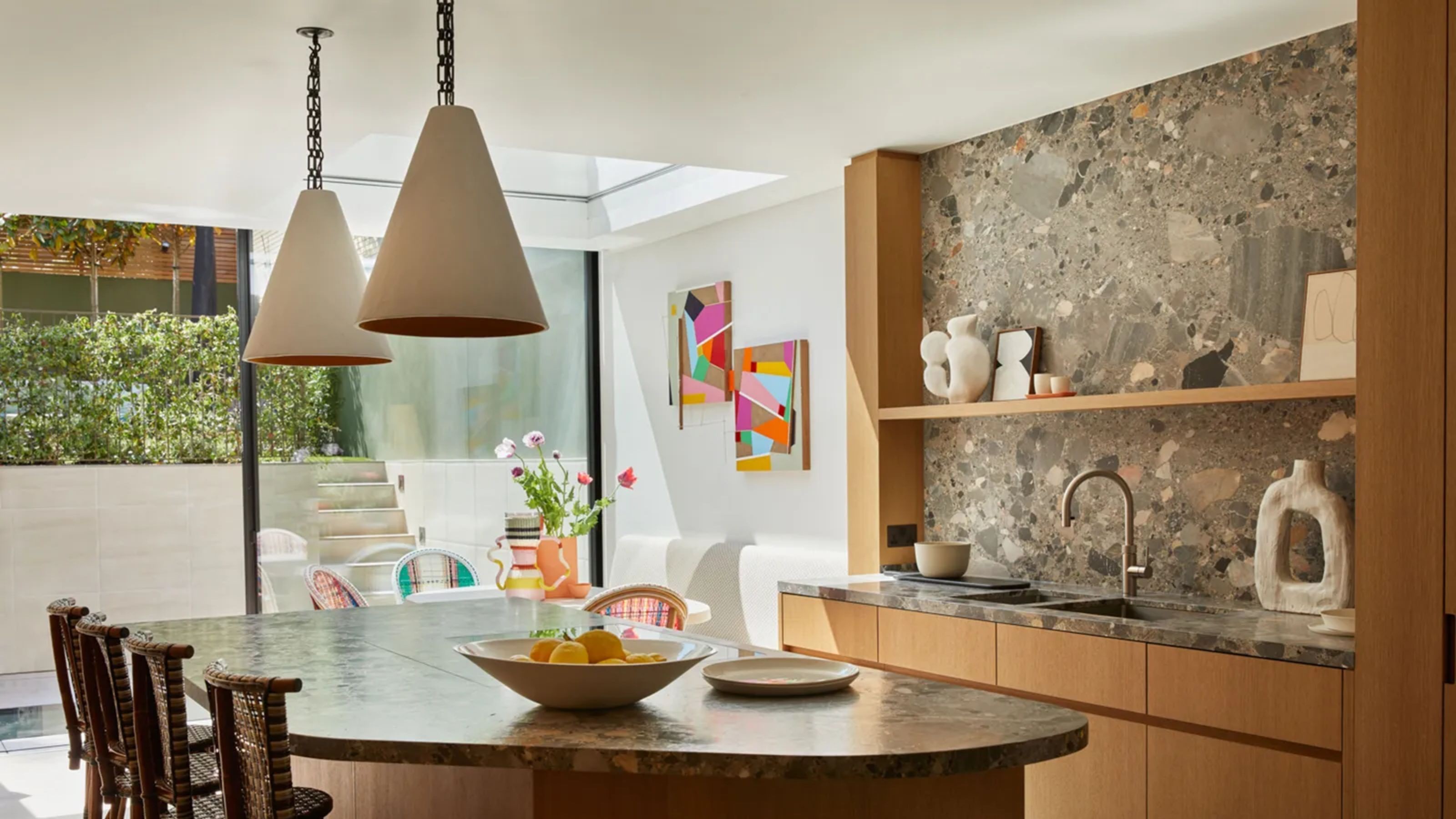 Modern kitchen extension interior with skylights