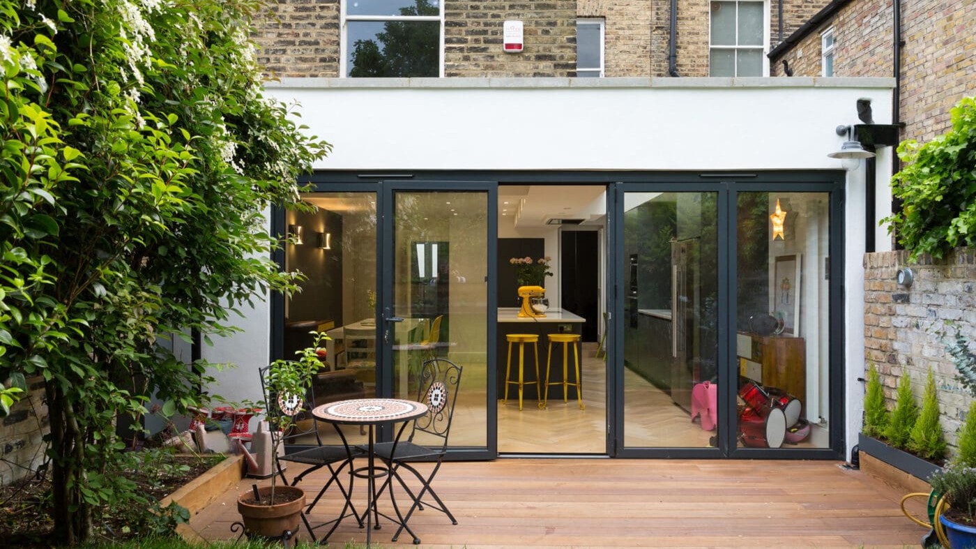 Completed rear house extension with patio