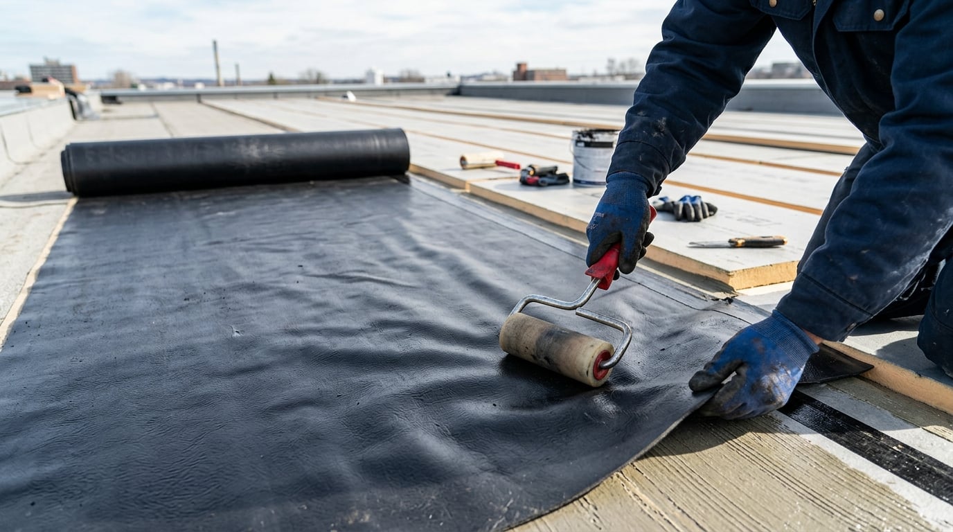 EPDM rubber membrane being laid on flat roof
