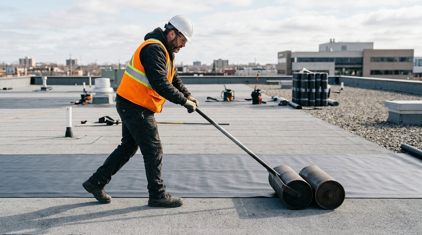 Worker applying flat roof covering with roller