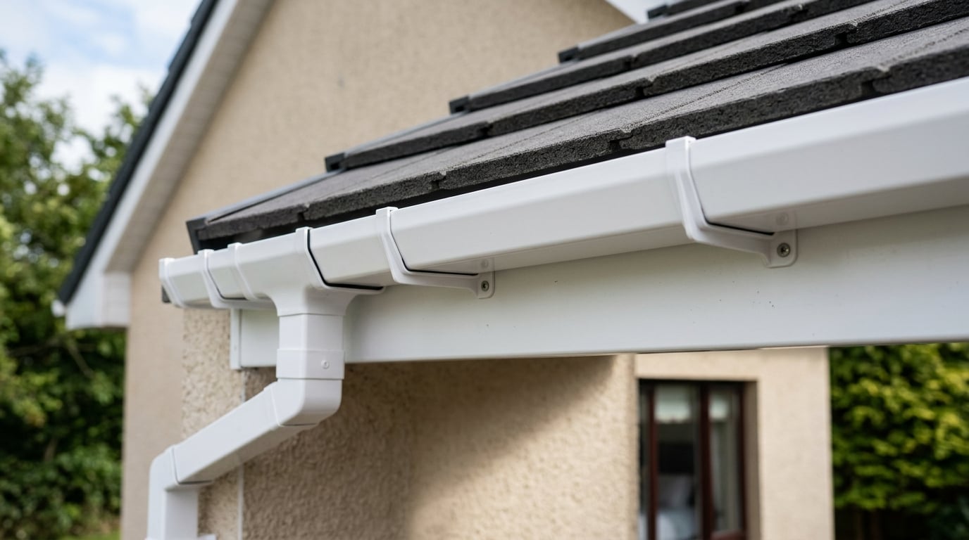 Clean white PVC guttering on house roofline