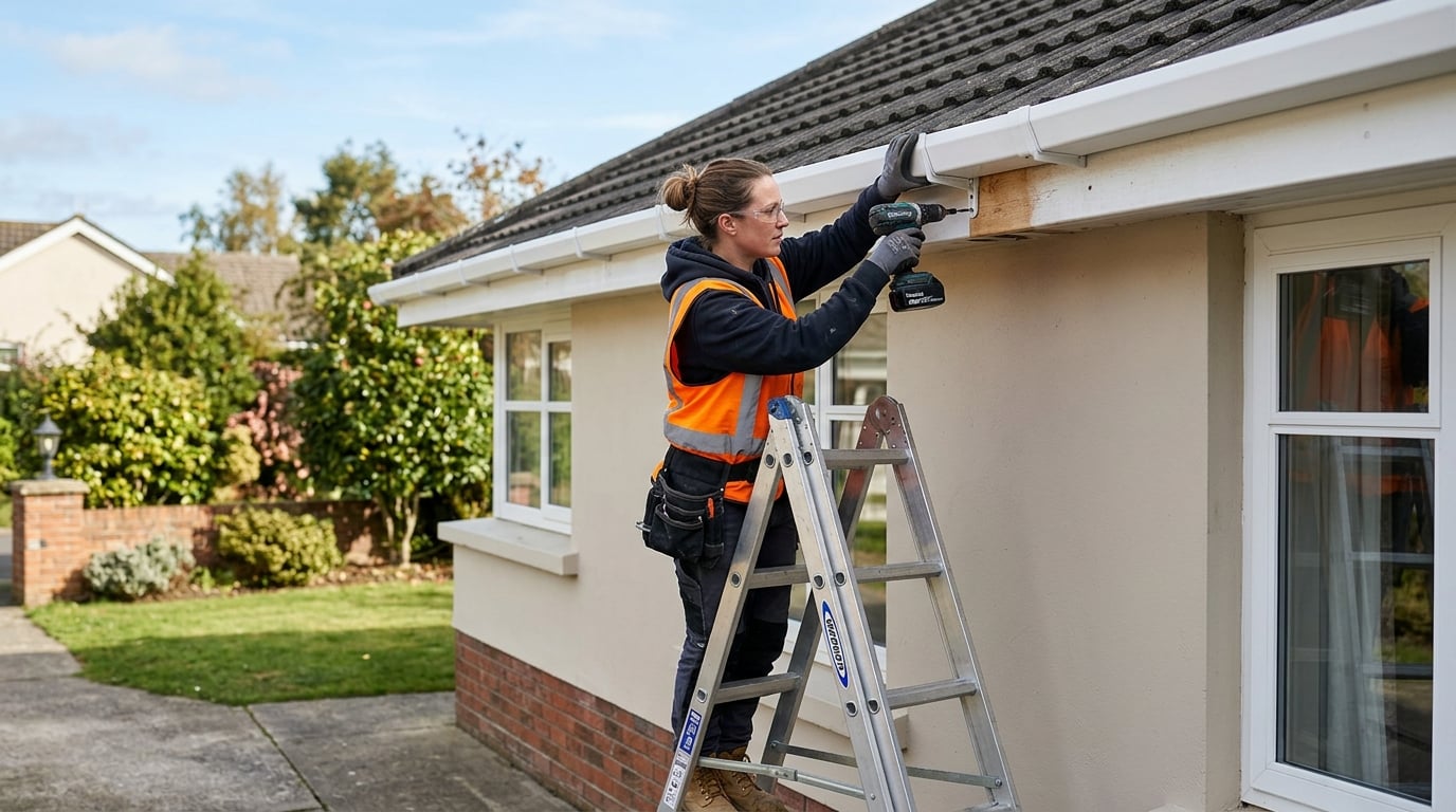 Worker installing aluminium guttering from ladder