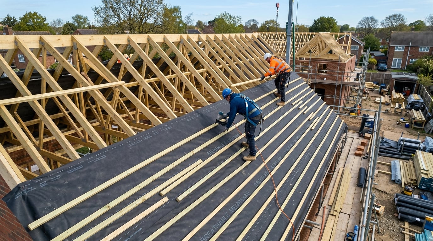 Workers installing new roof battens and membrane