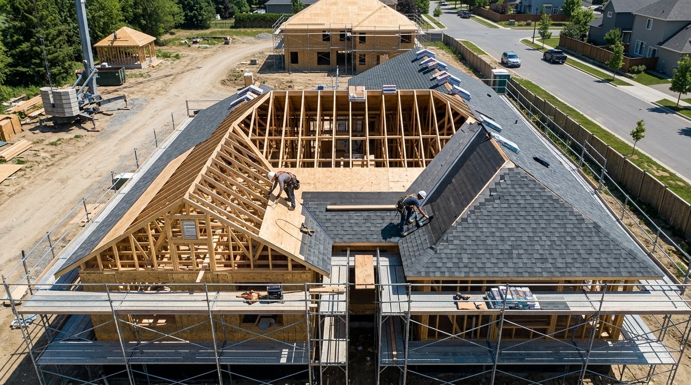 Aerial view of a new roof being built with scaffolding
