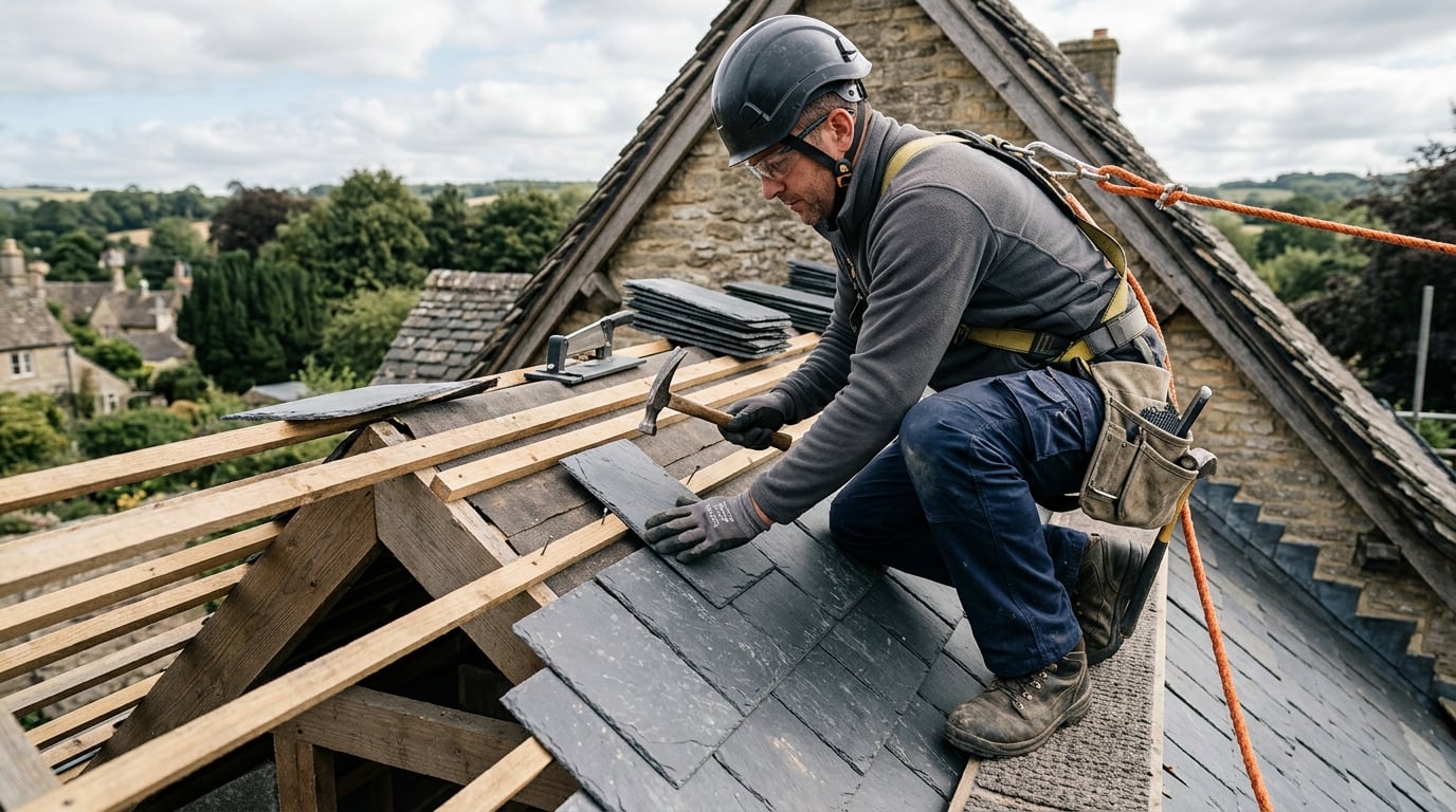 Roofer placing slate tiles on pitched roof