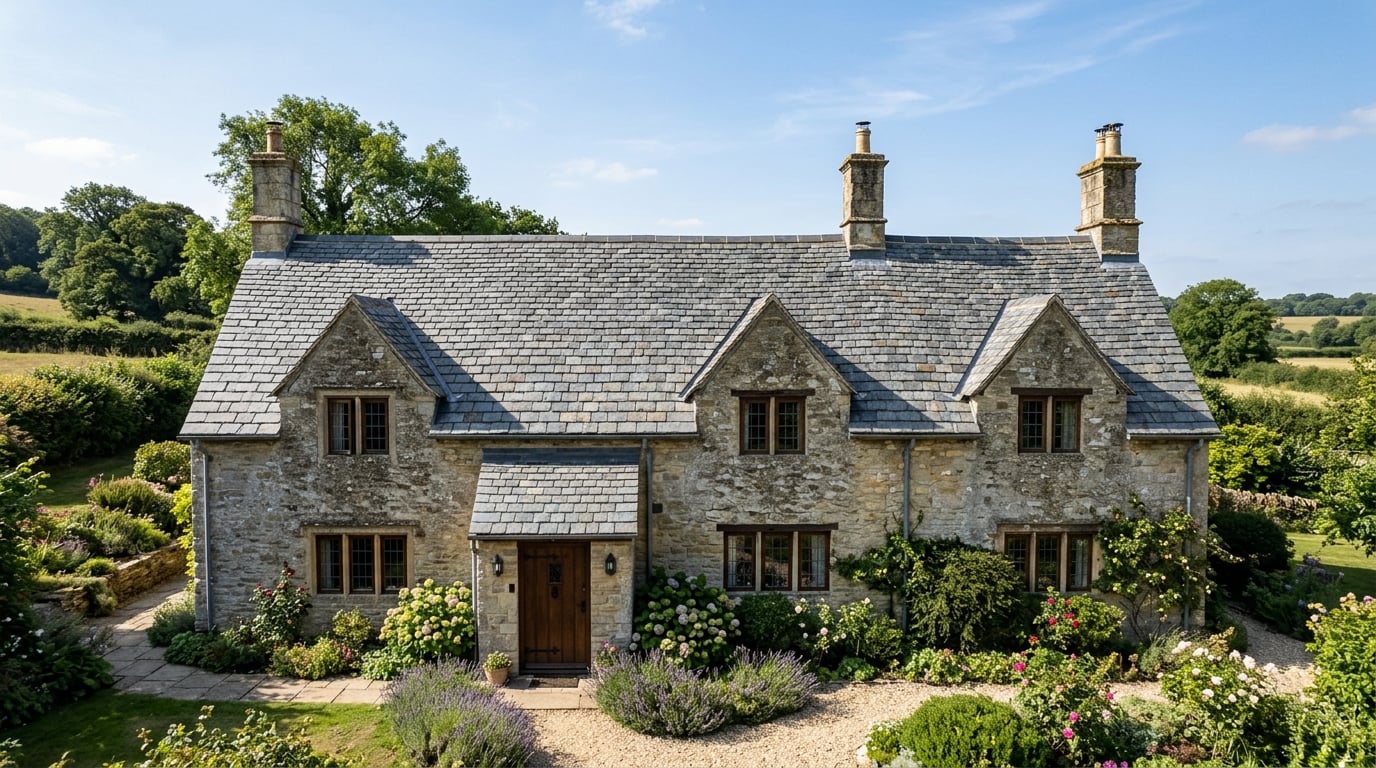 Complete pitched slate roof on stone building