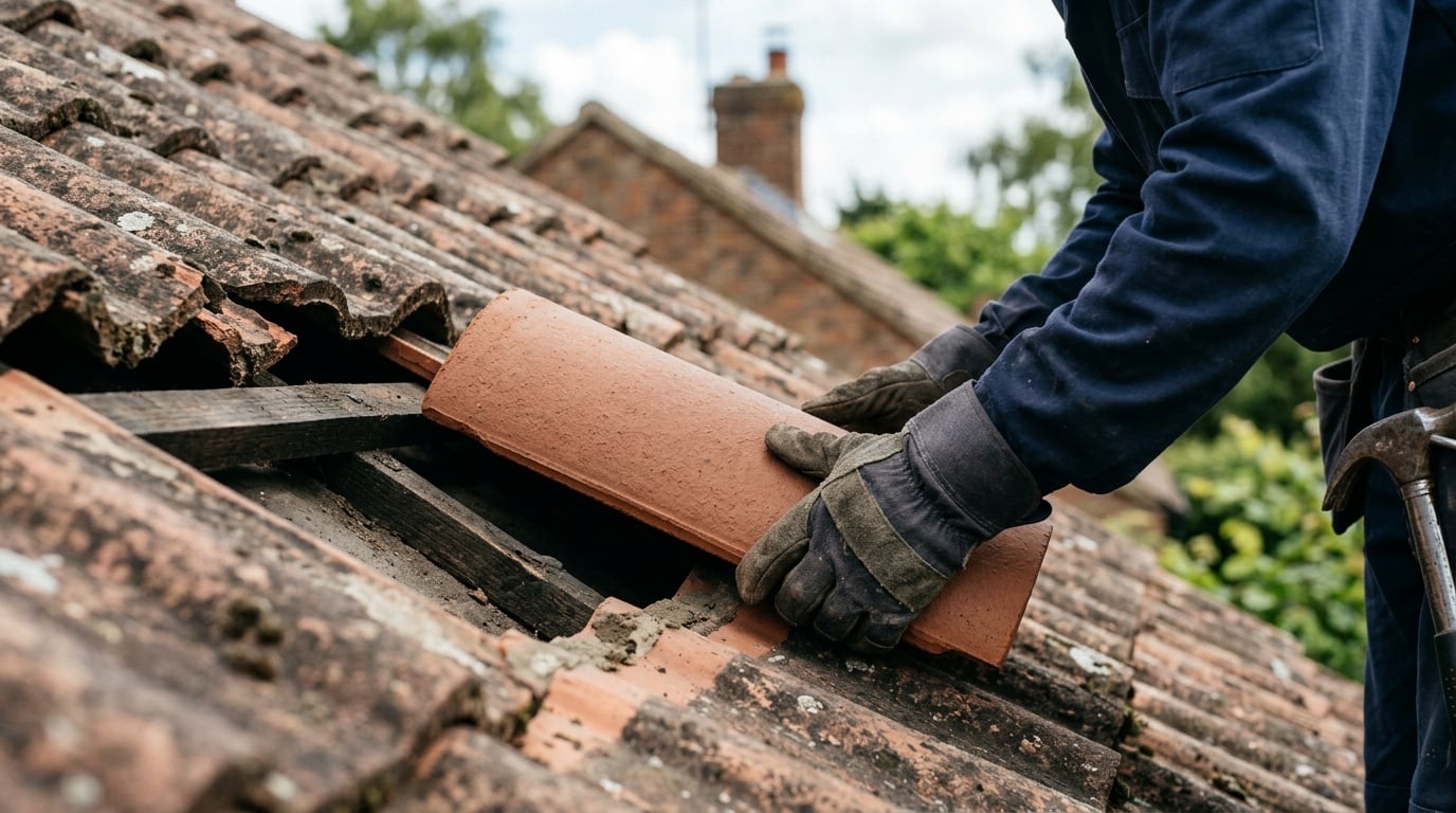 Close-up of hands replacing broken roof tiles