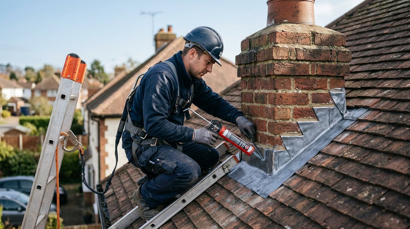 Roofer applying lead flashing around a chimney